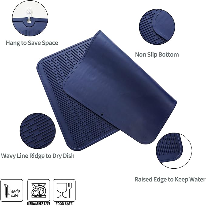 MicoYang Silicone Dish Drying Mat for Multiple Usage,Easy clean,Eco-friendly,Heat-resistant Silicone Mat for Kitchen Counter or Sink,Refrigerator or Drawer Liner Navy Blue 3XL 28 inches x 18 inches
