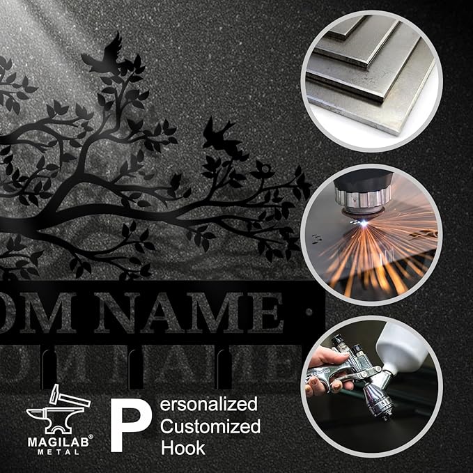 Personalized Custom Name Birds of Trees Wall Key Hooks,Metal Birds of Trees Art Clothes Hooks,Metal Birds of Trees Wall Home Storage Decorative,For Front Door, Hallway, Kitchen, Bedroom(Style B)
