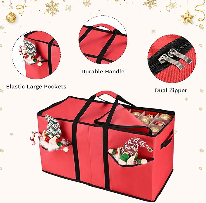 Christmas Ornament Storage Box, Ornament Storage Organizer Fits 128 of 3 inch Ornament Balls, 8 Removable Tray Ornaments Storage Containers with Dividers to Store Xmas Holiday Decor(Red)