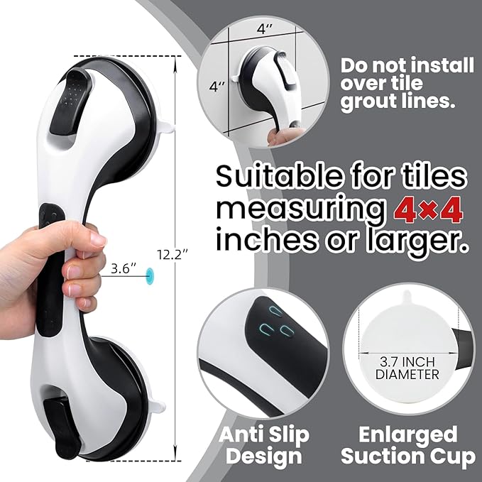 TAILI Shower Handles for Elderly Suction, 2 Pack 12 Inch Shower Grab Bars for Seniors, Grab Bars for Bathtubs and Showers, No Drilling Removable Safety Shower Grip, Black