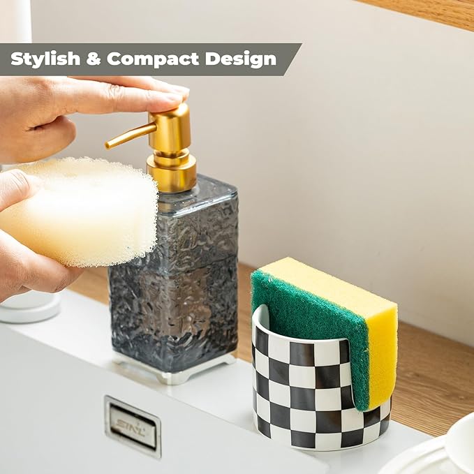 Zoeeker Checkered Kitchen Sink Sponge Holder, Dish Sponge Rack Ceramic Brush Holder Farmhouse Kitchen Dish Rack for Brush, Scrubbers, Bathroom, Sink, Black and White