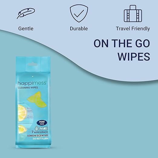 happimess WPE1005A On-the-Go Multi-Surface Cleaning Wipes, Lemon Scented Travel Wipes, 6 Mini Packs, 7 Wipes Per Pack (42 Total Wipes)
