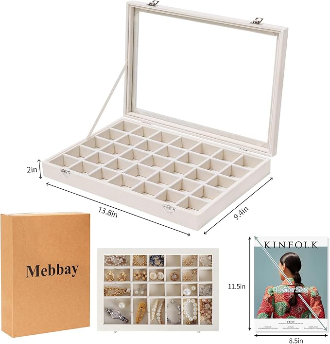 Mebbay 35 Grid Earring Organizer Velvet Jewelry Tray Organizer Felt Jewelry Box Tray Holder with Clear Lid for Drawer, Earring Necklace Bracelet Ring Healing Stones Storage (Creamy White)