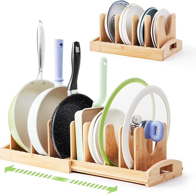 Kirosy Pots and Pans Organizer under Cabinet, Pot Lid Organizer Bamboo Expandable with 10 Adjustable Dividers, Pan Holder Kitchen Storage Rack for Cutting Board, Baking Tray and Cookie Sheet
