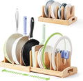 Kirosy Pots and Pans Organizer under Cabinet, Pot Lid Organizer Bamboo Expandable with 10 Adjustable Dividers, Pan Holder Kitchen Storage Rack for Cutting Board, Baking Tray and Cookie Sheet