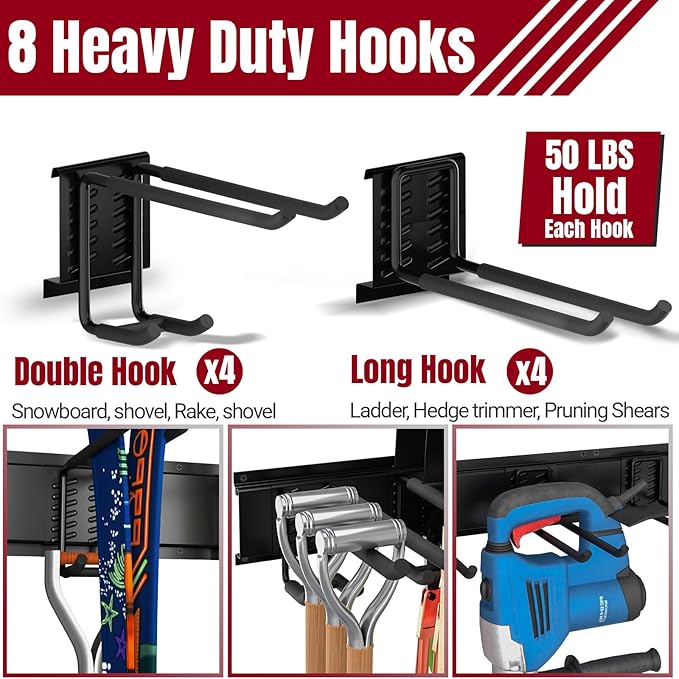 Hailivike 99" Garage Tool Organizer Wall Mount, with 18 Versatile Hooks (8 Styles), Maximized Space & Heavy-Duty Garage Tool Storage Rack for Brooms, Lawn Equipment, Garden & Yard Tools