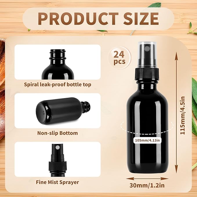 BILLIONSTARS 24 Pack 2oz Glass Boston Round Bottle with Fine Mist Sprayer - UV Black - Essential Oils, Bath, Beauty, Hair & Cleaning - Leakproof Travel Bottles