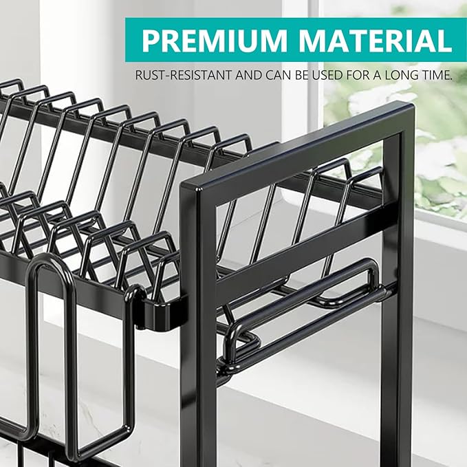 Stelive 2-Tier Dish Drying Rack for Kitchen Counter, Dish Drainer Dish/Cup/Cutlery Holder Dish Drainer Rack 2 Tier Dish Racks with Utensils Holder, Drainboard & 360° Telescopic Drain Pipe (Black)