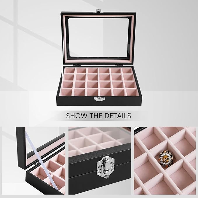 Wudygirl Small Jewelry Box 24 Grid Jewelry Organizer Velvet Jewelry Tray with Clear Lid Earring Holder Organizer Ring Holder Ring Display for Women Jewelry Display Case Drawer Inserts (Pink)