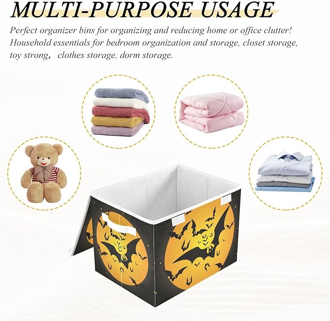 Halloween Storage Baskets Collapsible Storage Bins with Lids, Bat Pattern Storage Boxes Clothes Baskets for Organizing