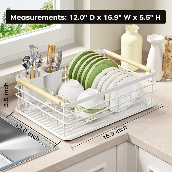 jouzevic Dish Racks for Kitchen Counter: Wooden Handles, Thickened Metal, No Assembly. Small Dish Drying Rack: Ideal for Small Households. Drying Rack Kitchen: White