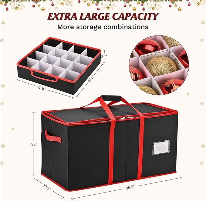 Christmas Ornament Storage Box, Ornament Storage Organizer Fits 128 of 3 inch Ornament Balls, 8 Removable Tray Ornaments Storage Containers with Dividers to Store Xmas Holiday Decor(Black)