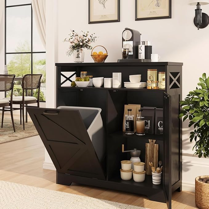 Tilt Out Trash Can Cabinet for 13 * 1 Gallon Trash Can, Farmhouse Kitchen Island Cabinet with Adjustable Shelf for Hidden Laundry Basket, Dog Proof Garbage Can for Dining Living Room, Black