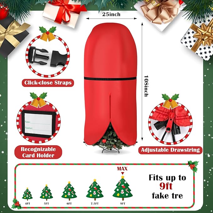 SATINIOR 6 Pcs Upright Christmas Tree Storage Bag Set 9 Ft Christmas Tree Storage Bag 26" Xmas Wreath Containers 11.8" Ornament Bags with Dividers Hold 64 Balls for Artificial Trees Garland(Red)