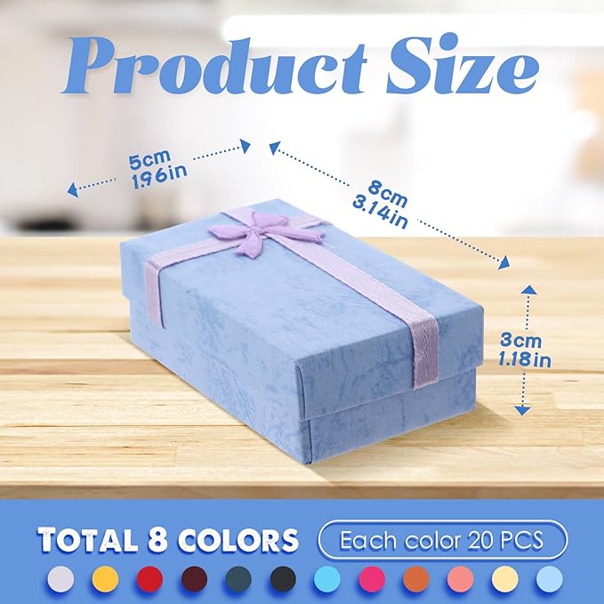 Batiyeer Jewelry Gift Boxes Set Empty Small Gift Cardboard Boxes for Jewelry Packaging with Ribbon Bowknot for Anniversaries Weddings Birthday, 8 Colors(160 Pcs)