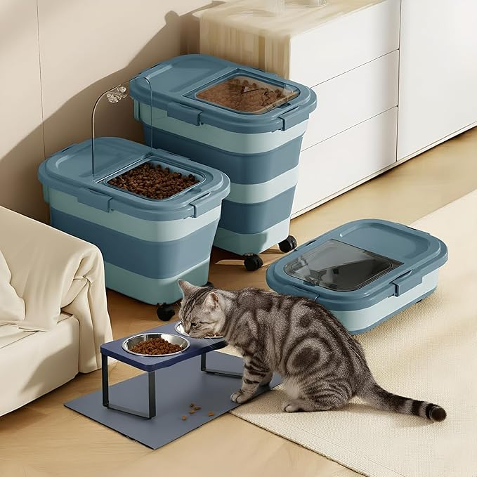 Summark 15 Lbs Dog/Cat Food Storage Container,Collapsible Food Storage Containers with Rolling Wheel Airtight Locking Lid,Pet Food Storage Container with Cup and Scoop,Blue