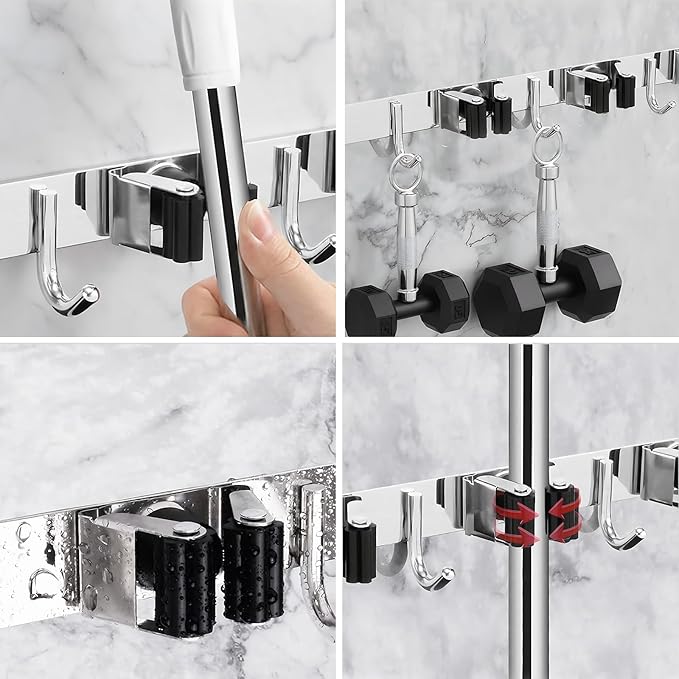 5 Racks and 4 Hooks Mop and Broom Holder Wall Mount, SUS304 Heavy Duty Broom Organizer Storage Tool Racks, Self Adhesive Solid Non-slip Tool Hangers for Home Kitchen Garden Laundry Garage