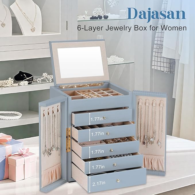 Dajasan Large Jewelry Organizer Box with Mirror, Jewelry Storage Organizer with 5 Drawers, 6-Tier Jewelry Gift Box for Women, Girls, Friends, Wife or Mother, Gift Idea (Smoky Blue)