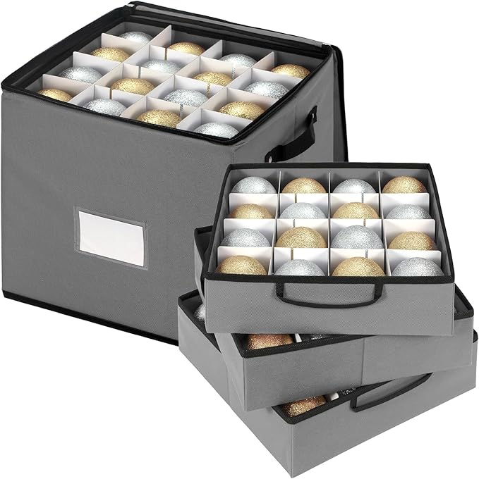 JY COOKMENT Christmas Ornament Storage Box with Adjustable Dividers, Premium Holiday Ornaments Storage Container Bin with Zippered Top for Xmas Decorations (64-3" Balls, Gray, With Tray)