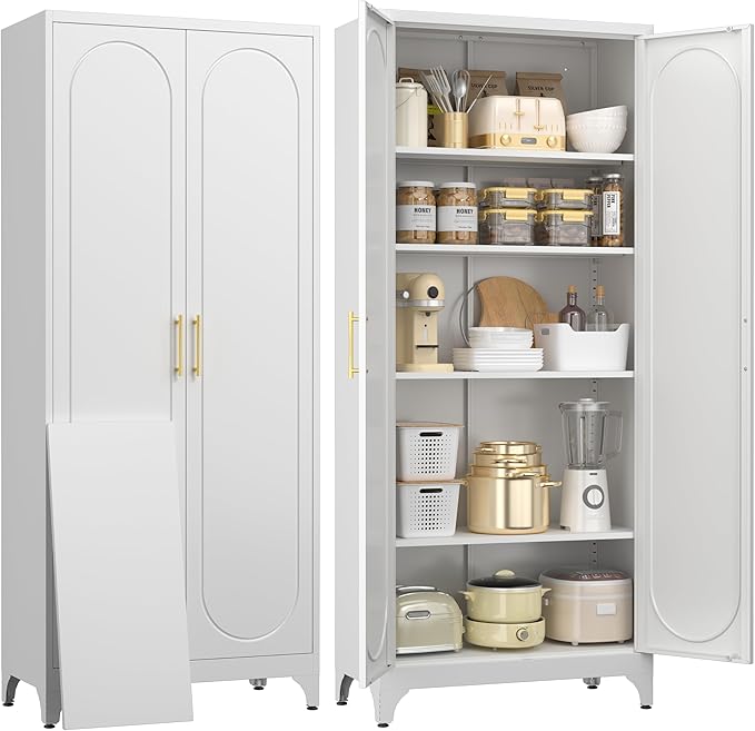 75" Tall Pantry Storage Cabinet, Tall Kitchen Pantry Storage Cabinet with Doors and 4 Adjustable Shelves, Freestanding Cupboard for Kitchen, Dining Room, Living Room, Bathroom, White