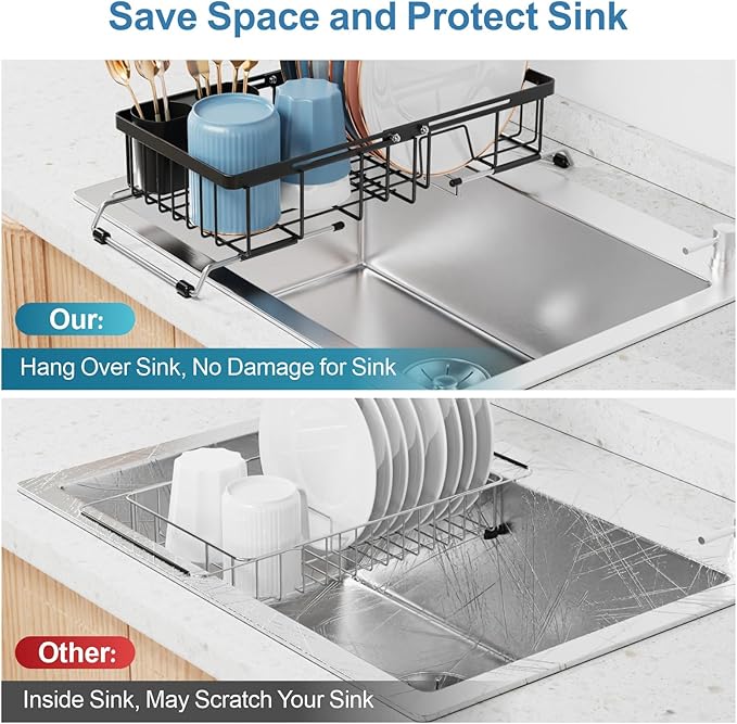 iSPECLE Small Sink Dish Drying Rack, Expandable Narrow Rust Resistant Dish Drainer for RV Apartment Kitchen, Dish Rack with Tightening Knob, Arms with Non Slip Rubber, 8.3" W x 16.6"-24" L, Black