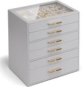 Vlando 6 Layer Jewelry Box for Women, Glass Lid Jewelry Organizer with 6 Drawers for Necklaces Rings Earrings Bracelets - Grey