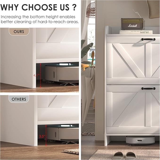 Shoe Cabinet with 4 Flip Drawers, Slim Narrow Shoe Storage Cabinet with Adjustable&Removable Shelves, Freestanding Wood Hidden Shoe Organizer for Entryway, Hallway (White)