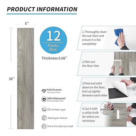 Art3d Peel and Stick Floor Tile Vinyl Wood Plank 12-Pack 18 Sq.Ft, Light Grey, Rigid Surface Hard Core Easy DIY Self-Adhesive Flooring