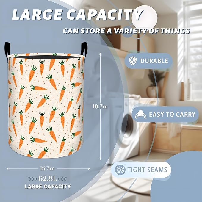 Playful Carrot with Green Leaf Laundry Basket with Handles, 19.7"x15.7" Clothes Foldable Polka Dot Design Laundry Hamper Organizer for Dorm Nursery Bedroom Bathroom Decor, Toy Storage Bin for Kids