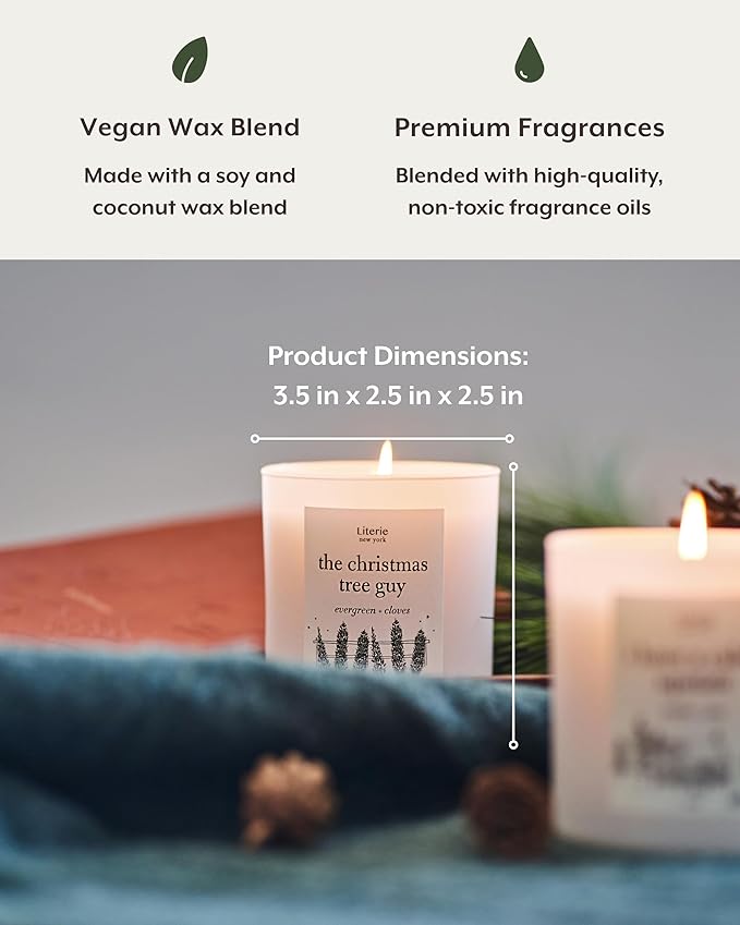 Literie NYC Inspired Scented Candle: The Christmas Tree Guy - Evergreen & Cloves Scent, 9oz, 50 Hour Burn, Vegan Soy & Coconut Blend Candle for Home Decor, Gift for Women & Men