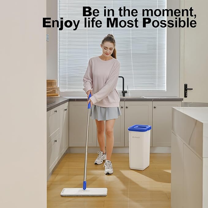 BEJOMOP Mop and Bucket Set with Wringer, Dry & Wet Dust Mop for Household Floor Cleaning with 5 Microfiber Mops, Flat Squeeze Spin Wall Mop Cleaner with Long Handle, Slate Blue