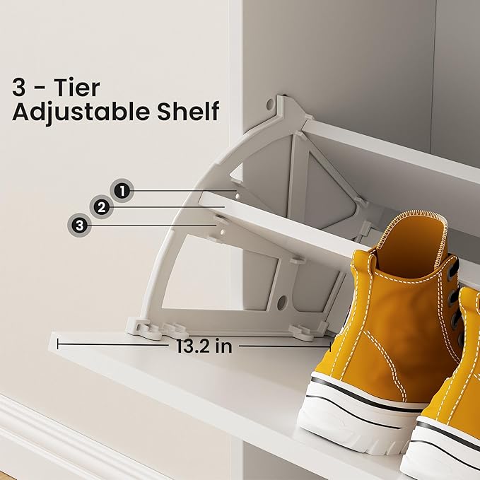 White Shoe Storage Cabinet - Fit up to Size 16, 3 Flip Drawers, Wooden Organizer for Entryway, Closet, Living Room