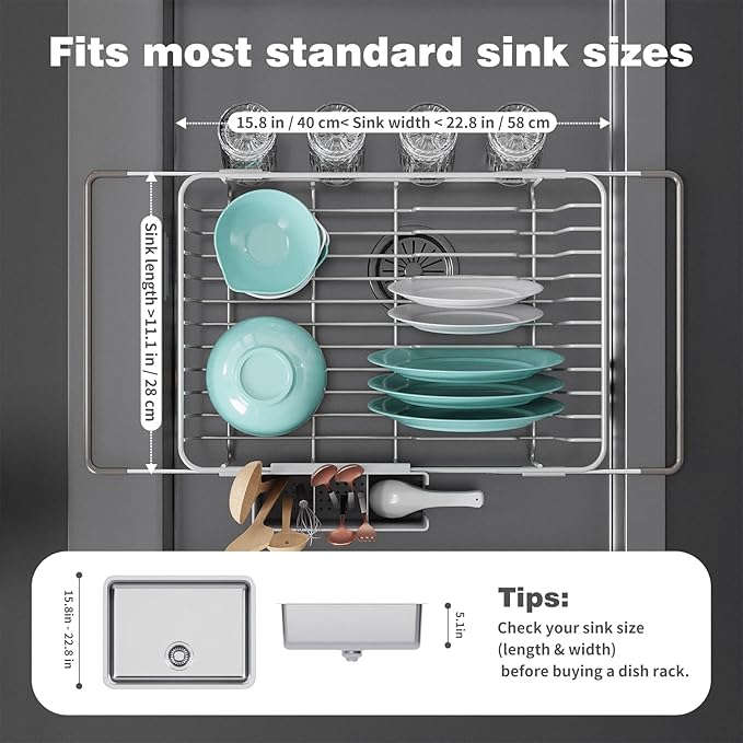 jouzevic Dish Drying Rack in Sink: Expandable, 3-Slot Utensil Holder, Anti-Slip Handle. Small Dish Rack: Ideal for Small Households. Kitchen Drying Rack: White