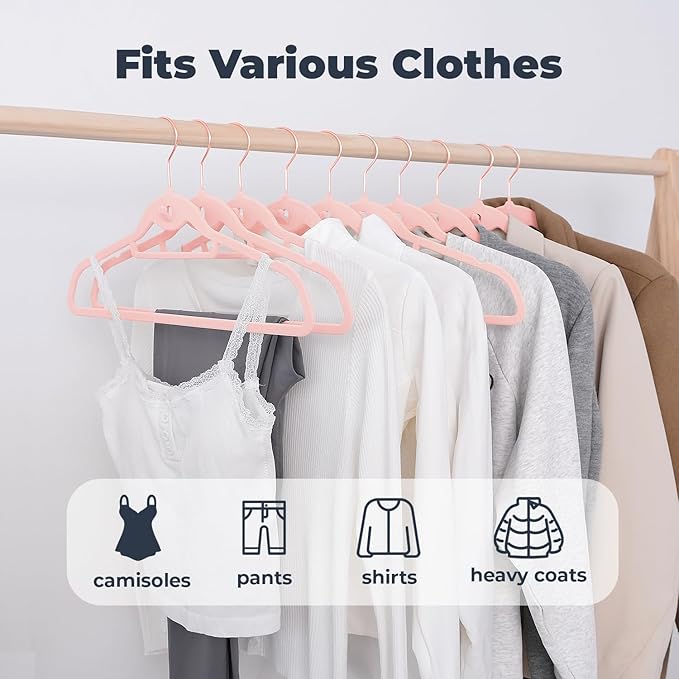 Limogoo Pink Velvet Hangers 50 Pack, Felt Covered Non Slip Fabric with Stackable Cascading Hook, Ultra Thin and Space Saving with 360° Swivel Neck, 15Lbs Capacity for Clothes, Suit, Shirt, Coat