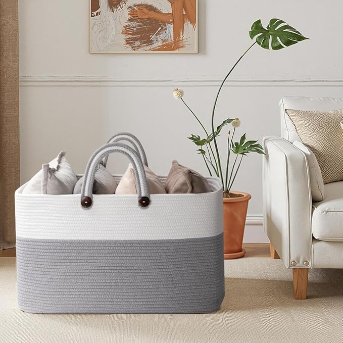 OIAHOMY 95L Large Blanket Basket, 24”x16”x15” Rectangle Woven Baskets For Storage, Nursery Blanket Storage Living Room, Toy Box With Long Handle-Gradient Grey With White