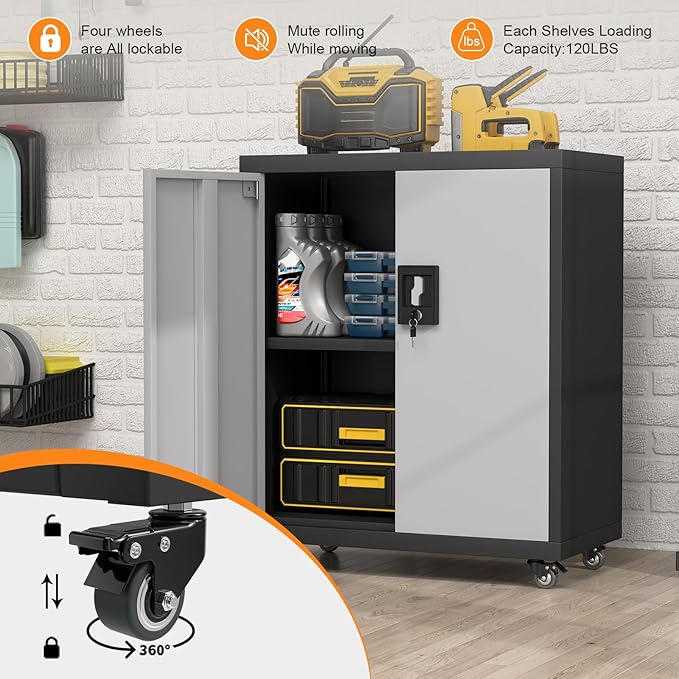 31.5''H Metal Storage Cabinet with Wheels, Garage Tool Storage Cabinets with Lock, Lockable Steel Rolling Tool Chest with Doors & Adjustable Shelves for Garage, Home, Office