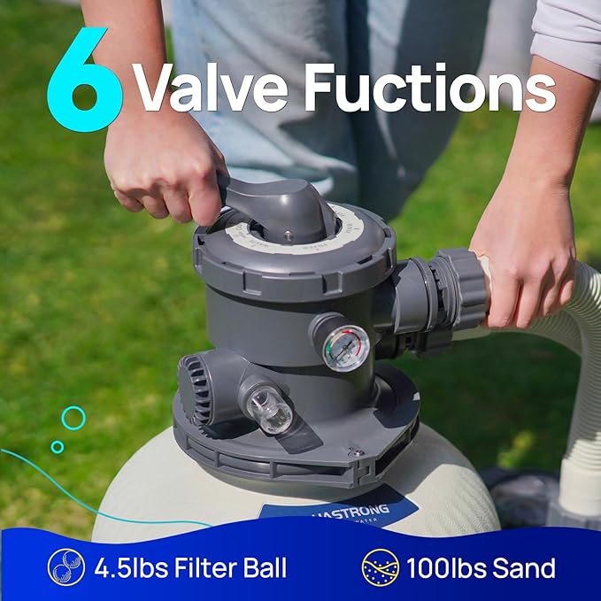 Aquastrong Sand Filter System with 6-Way Valve, Top-Mount Valve Pool Sand Filter, 16in Pool Filter Fits all Above Ground Pools Up to 16000 Gallons
