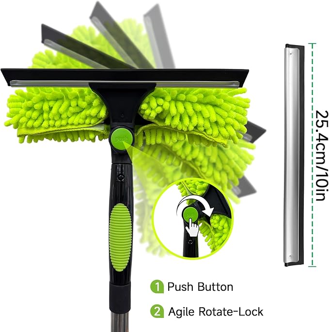 LILISPAI 67'' Window Squeegee Cleaner Tool with Extension Pole, 2-in-1 Squeegee for Window Cleaning Kit with Scrubber and Rotating Head, 2 Blade 2 Scrubber for Indoor & Outdoor High Windows