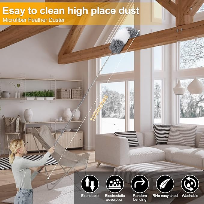 DEEHYO Microfiber Duster for Cleaning Fan, High Ceiling, Blinds, Furniture, Cars , 9PCS Extendable Feather Duster (Stainless Steel) 30 to 100 Inches, Reusable Bendable Washable