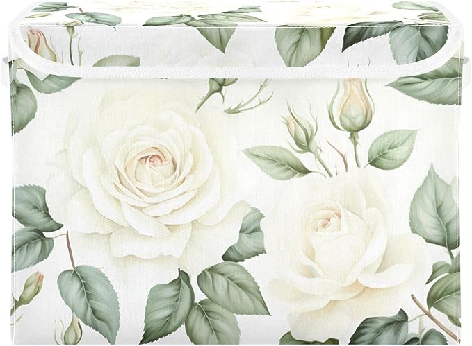 Flower Baskets Collapsible Storage Bins with Lids, White Rose Flower Storage Boxes Clothes Baskets for Organizing