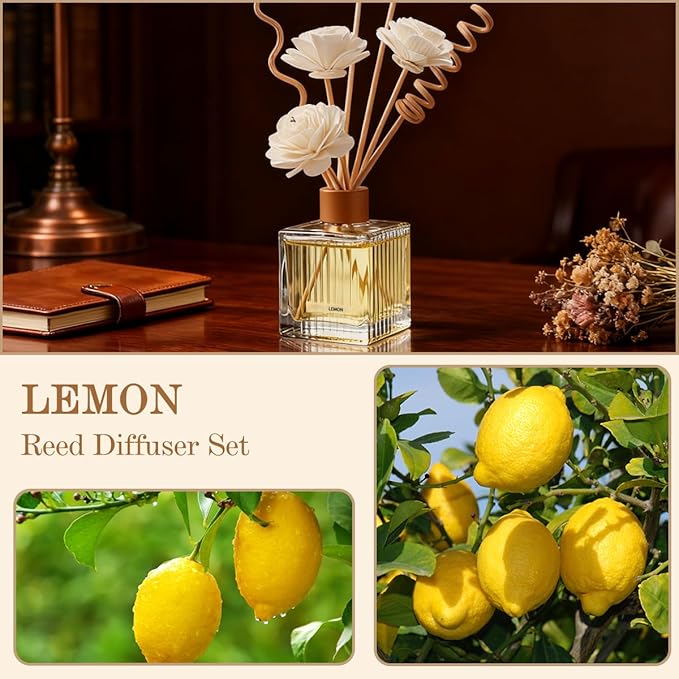 Lemon Reed Diffuser Set - 6.7 oz Glass Bottle with 4 Rattan Sticks, 3 Dried Flowers | Adjustable, Long-Lasting Scent for Home, Bedroom, Living Room, Office, Bathroom | Aromatherapy Gift Set