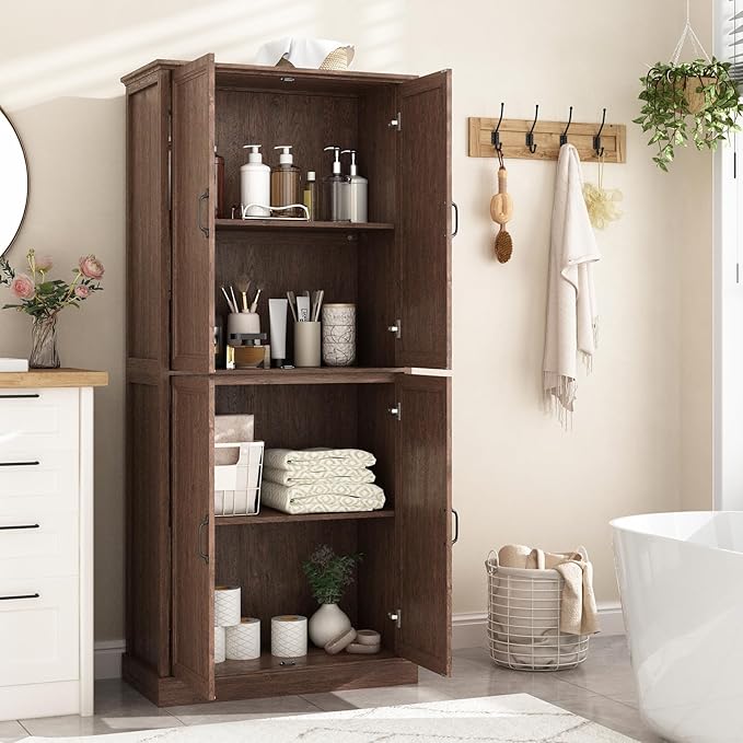 71'' Tall Pantry Cabinet Set of 2, Farmhouse Kitchen Pantry Storage Cabinet with Barn Door and Adjustable Shelves, Rustic Wood Freestanding Cupboard for Kitchen, Dining Room, Brown