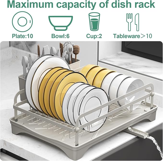 HOMEAILIE Dish Drying Rack,Dish Racks for Kitchen Counter,Metal Dish Drainer with Adjustable Drainage Spout,Removable Knife and Fork Holder (Grey)