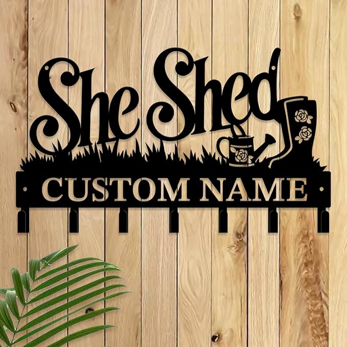 Personalized She Shed Metal Keys Hooks,Custom Name Metal She Shed Keys Hooks,Black Metal She Shed Wall Home Storage Decorative Keys Hooks,Key Holder Hooks for Wall (Style G)