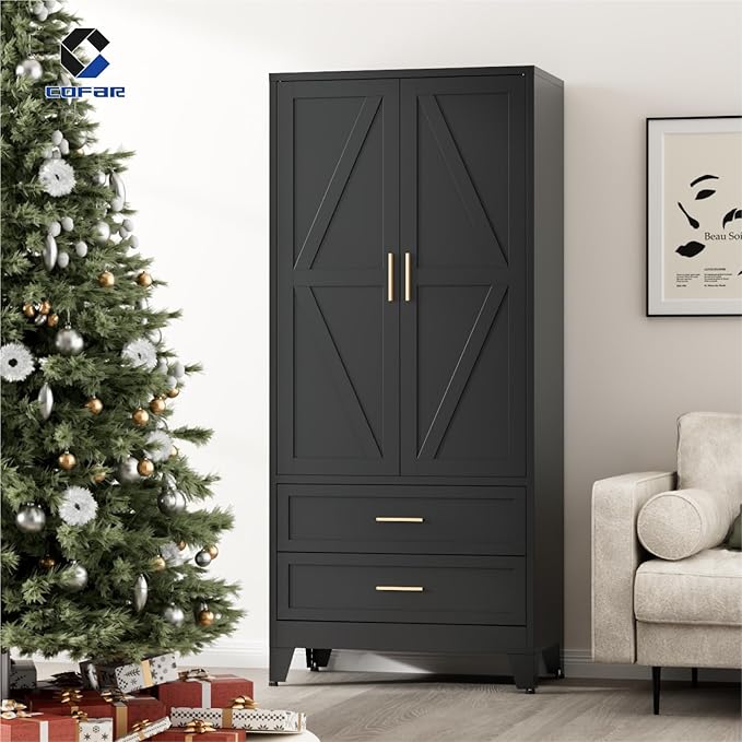 COFaR Metal Armoire Wardrobe Closet with Drawers, 71'' Tall Farmhouse Bedroom Armoires with Doors, Freestanding Steel Wardrobe Garage Closet for Bedroom Home Office Garage, Black