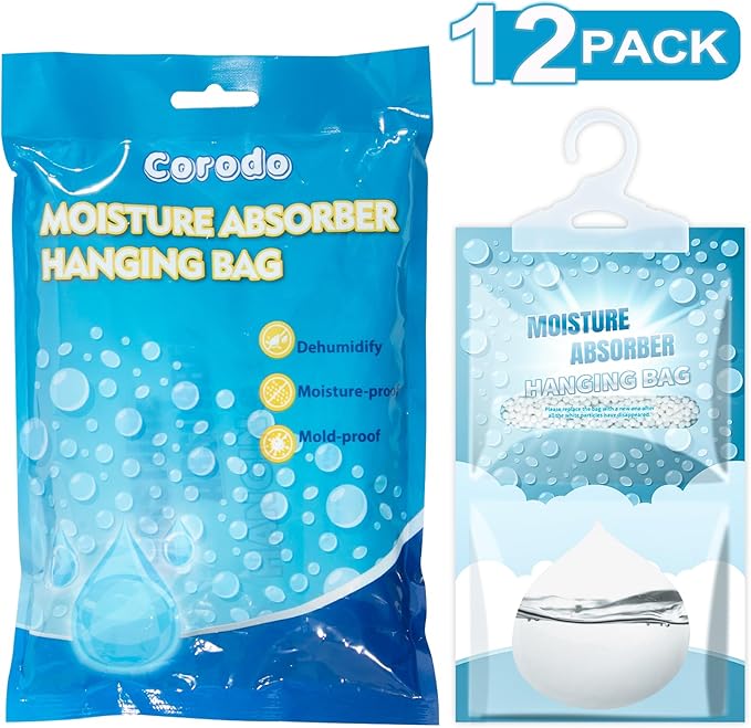 Corodo Moisture Absorbers Packets - Hanging Moisture Absorbers Dehumidifier Bags for Closet Bathroom Kitchen, Fragrance Free Humidity Absorber Packs, Removes Moisture & Odors, 12 Pack