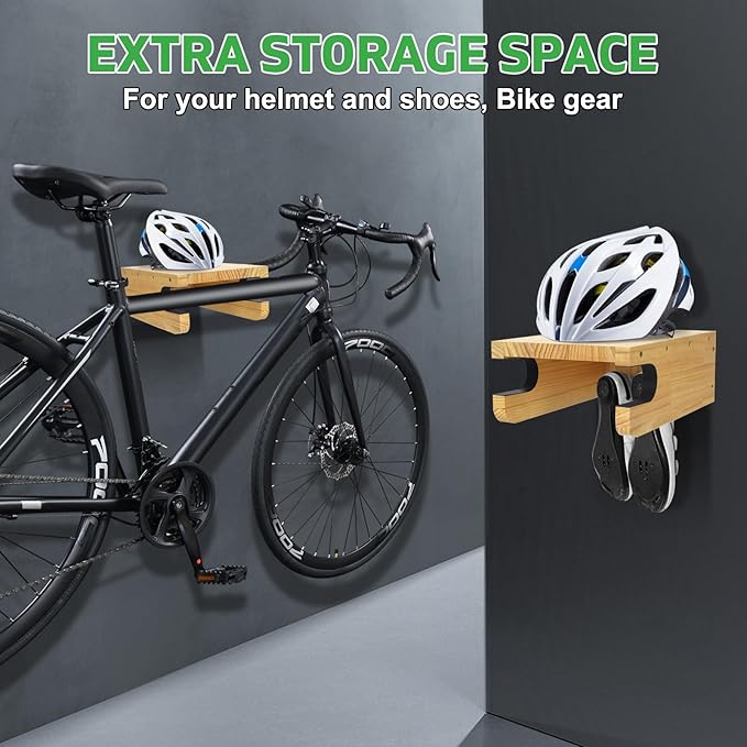 Wooden Bike Wall Mount Rack with Shelf and Hooks for Home, Space-Saving Indoor Horizontal Bike Storage Rack for Garage, Wood Wall Mounted Bike Hangers for Single Road, Mountain Bicycle
