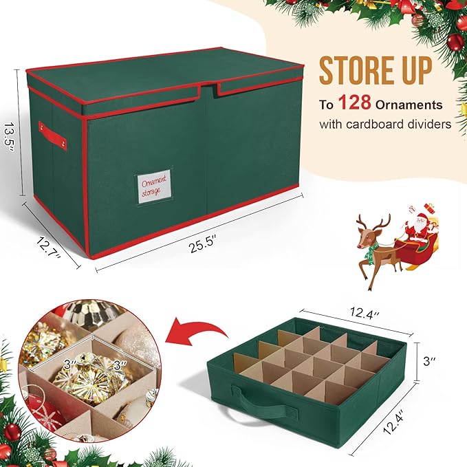 WDZREE Premium Large Christmas Ornament Storage,Box with Side Open, Drawer Style Trays -3" Compartment, 8 Trays, Keeps 128 Holiday Ornaments -Made of Durable 600D Oxford Fabric Tear-Proof Material