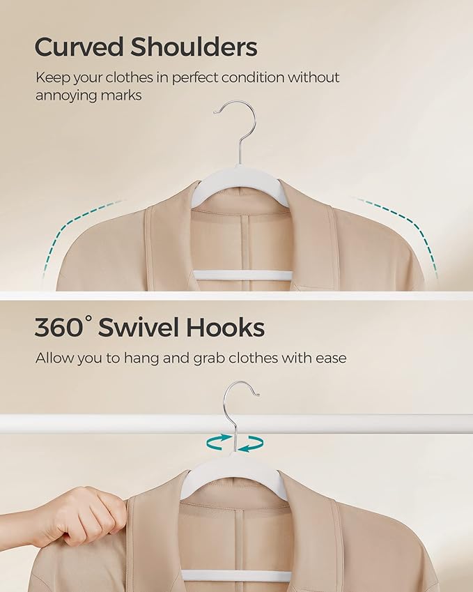 SONGMICS Velvet Hangers 50 Pack, Non-Slip Clothes Hangers with Shoulder Notches, Pants Bar, 360° Swivel Hook, Space-Saving, for Closet, Cloud White UCRF029W05