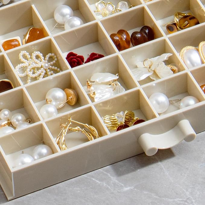 Earring Storage Box Organizer, Acrylic Jewelry Storage Box Holder 5 Drawers Transparent Jewelry Display Stand with 120 Small Compartments Gift Boxes for Women Girls (Beige)
